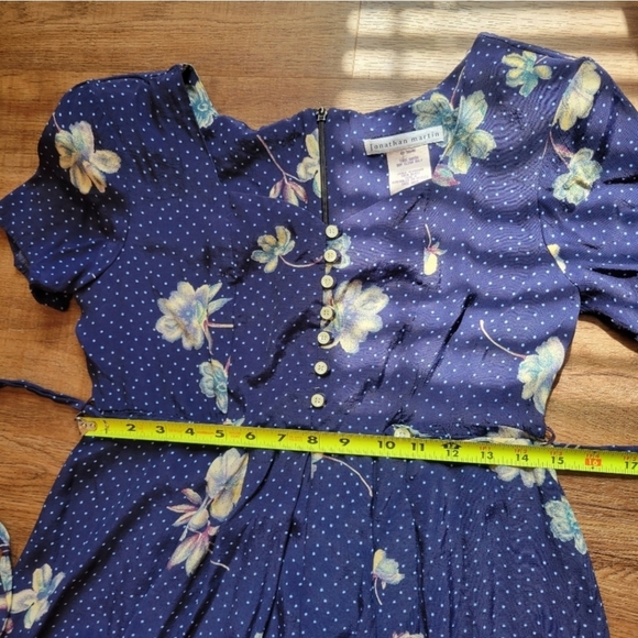 Vintage 80s/90s Jonathan Martin Blue Polka Dot Floral Maxi Dress Button Down - Picture 10 of 15